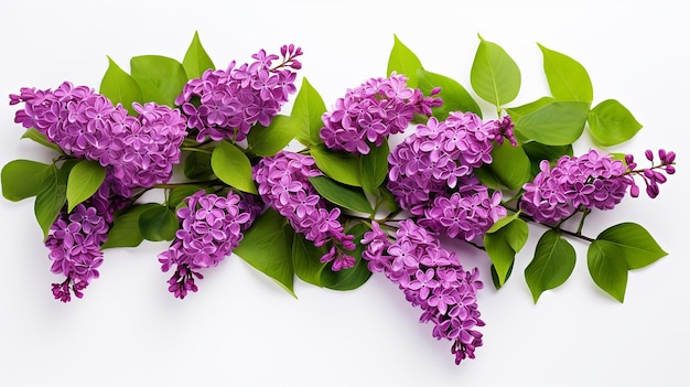 Lilac Flowers in Blossom with Green Leaves on White Background