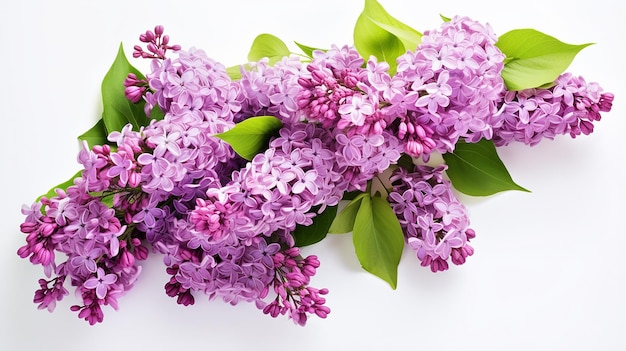 Lilac Flowers in Blossom with Green Leaves on White Background