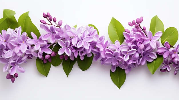 Lilac Flowers in Blossom with Green Leaves on White Background