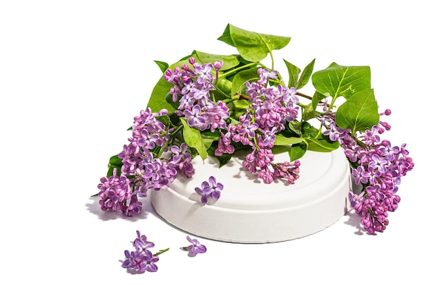 Lilac flowers bouquet on trendy stand isolated on a white background Springtime concept