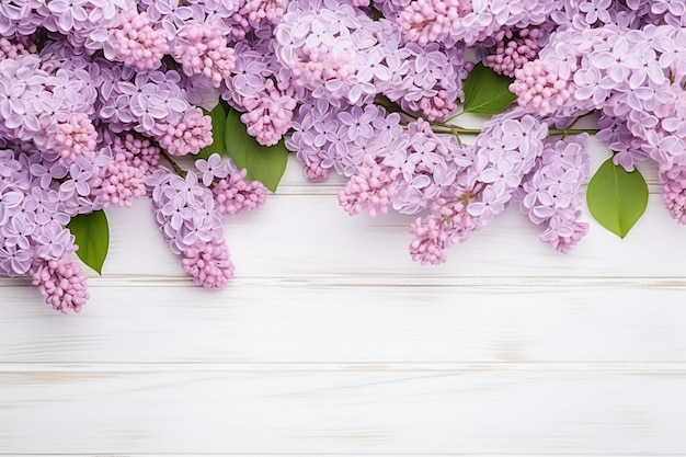 lilac flowers on white wooden background top view flat lay copy space aesthetic look