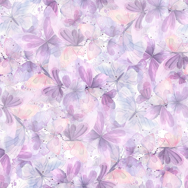 Lilac pink blue butterflies Watercolor illustration Seamless pattern on white background from CATS AND BUTTERFLIES collection For fabric textile wallpaper packaging wrapping paper decoration