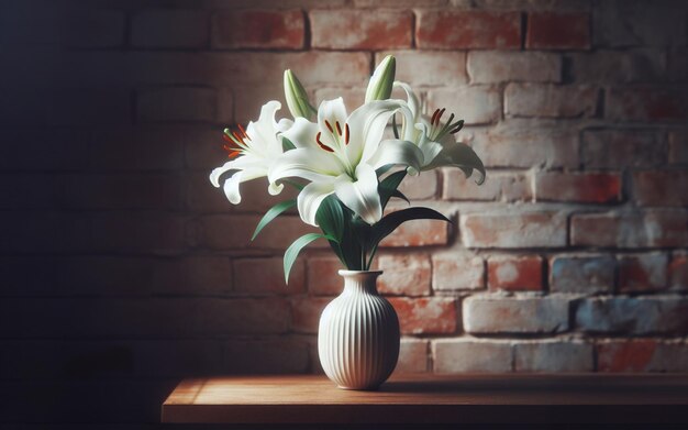 lilies in a vase old brick wall background