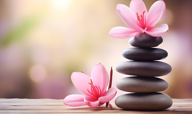 Lily and spa stones in zen garden Stack of spa massage stones with pink flowers on defocused wellne