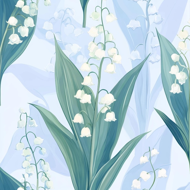 Lily of the valley Seamless pattern on a blue background