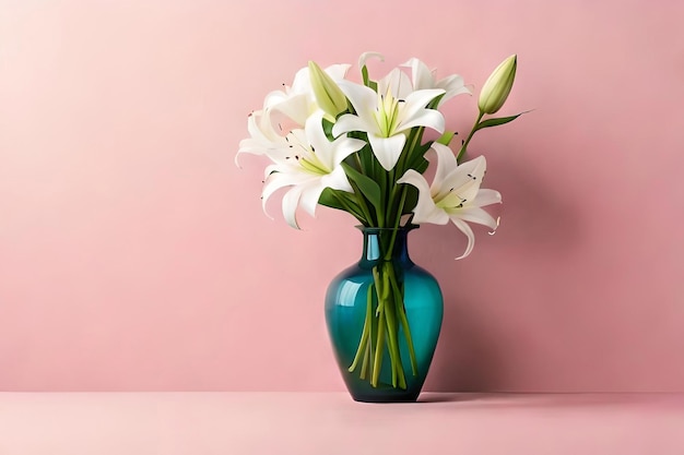 Lily vase arrangement on a light pink background