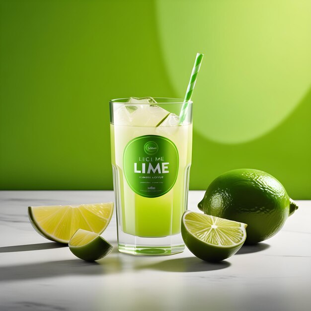 Photo lime juice in a glass with lime slices on a white table