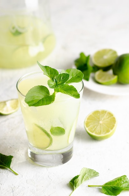 Lime lemonade with limes and mint leaves