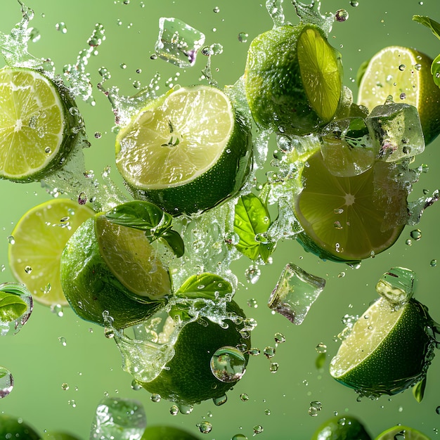 a lime and lime are being splashed with water