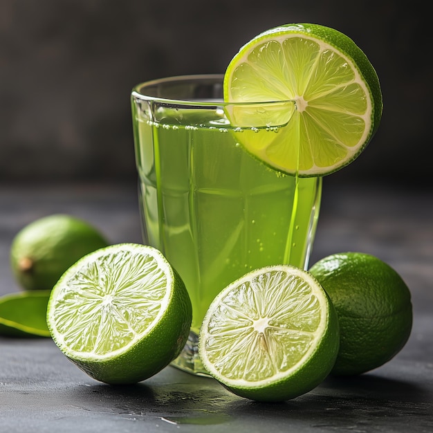 Photo a lime and lime drink are on a table with limes