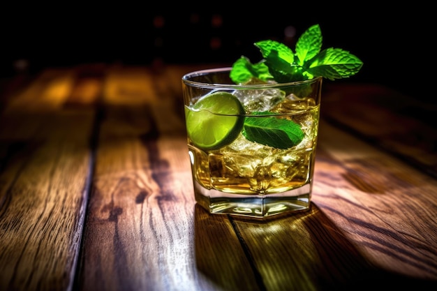 A lime and mintflavored beverage served over ice on a dark wooden board Excellent point of view This...