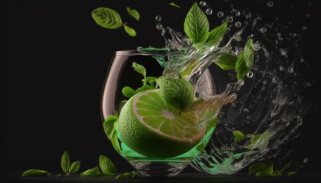 Photo lime a mojito mint glass water splashing ai generated