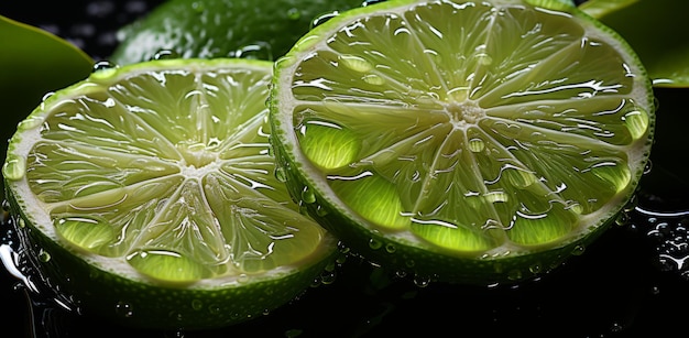 Lime slices with water drops on black background