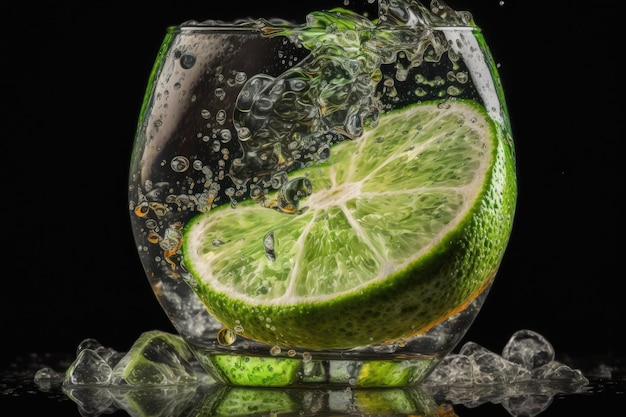 A lime splashing into a glass of water