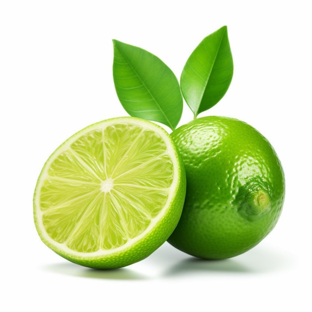 A lime with a green leaf and the bottom half is cut in half.