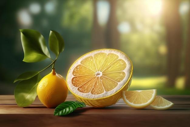 Lime with slices and leaves on wooden table with orange grove bokeh background generative AI