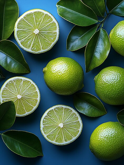 Photo limes are displayed on a blue background with green leaves