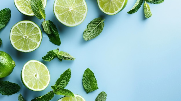 Photo limes are displayed on a blue background with mint leaves