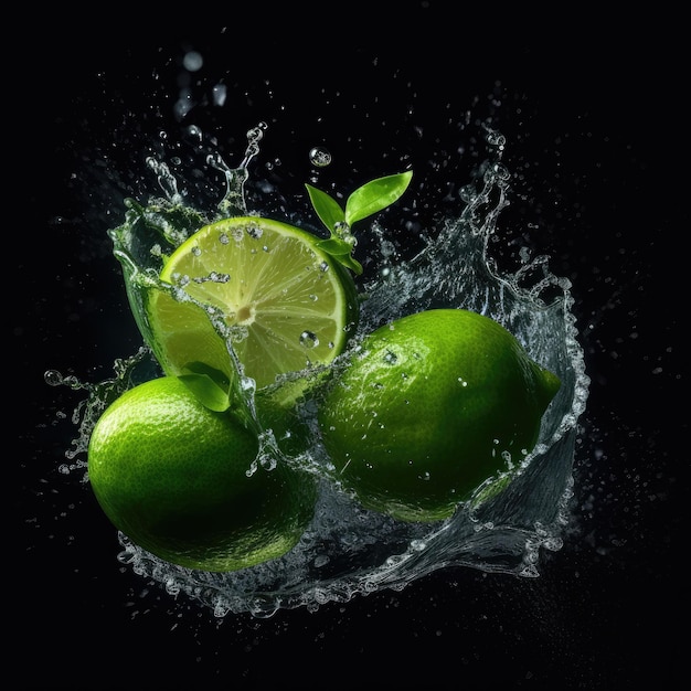 Limes floating in a clear splash of water against a black background - AI generated