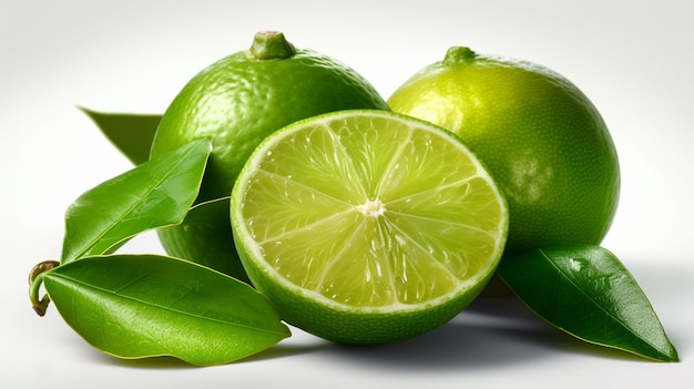 Limes and leaves on a white background Isolated imagegenerative ai