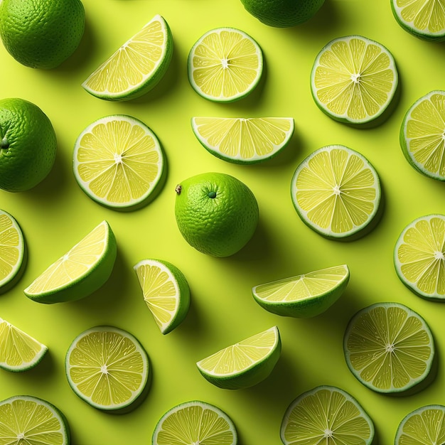 Limes and lime slices on a green background generative AI