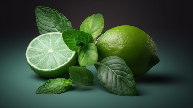 Limes and limes on a green backgroundgenerative ai