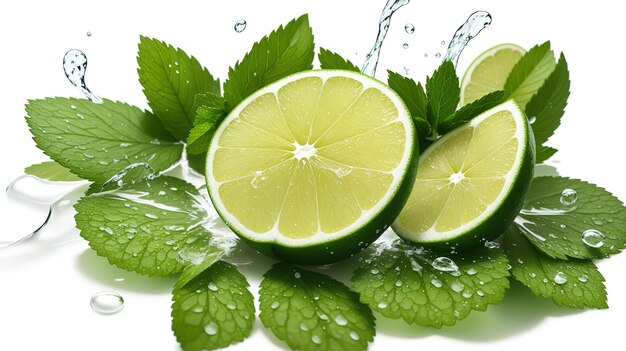 Limes and mint leaves are being poured into a water splash.