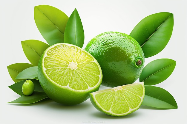 Limes and a slice of lime on a white background