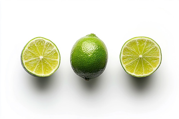 Photo limes and two slices of lime isolated on white background