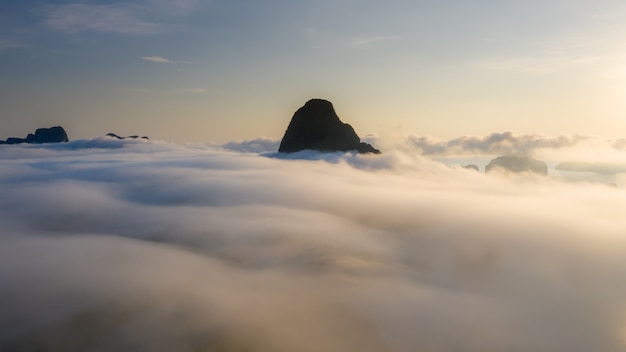 Limestone and fog at morning sunrise Samet Nangchee view point of Phang nga Thailand