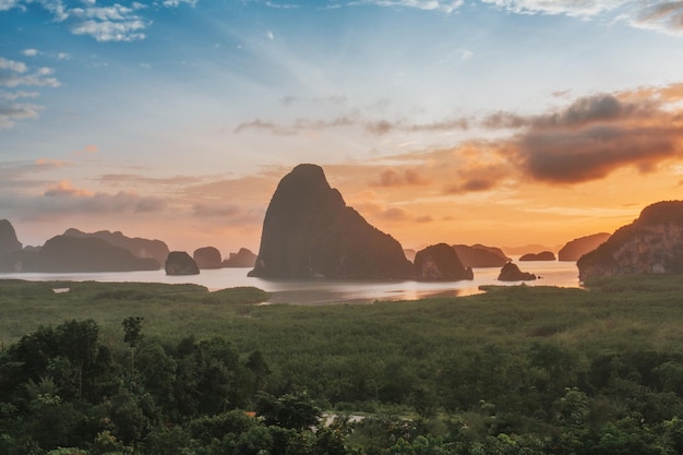 Limestone landscape in Phang Nga bay at sunrise Unseen location of Samet Nang Chee in Phang Nga province Thailand