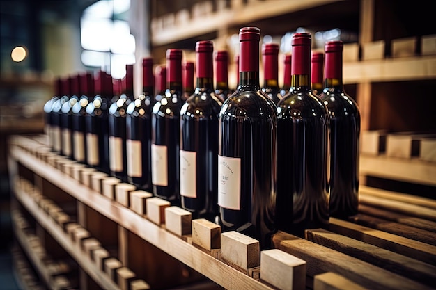 Limited depth of field captures stacked wine bottles on wooden racks