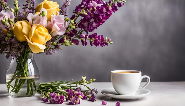 Limonium eustoma and snapdragons flower bouquet near the coffee cup on white backdrop