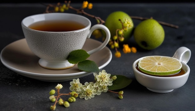 Linden tea honey lemon on a dark background Generative AI