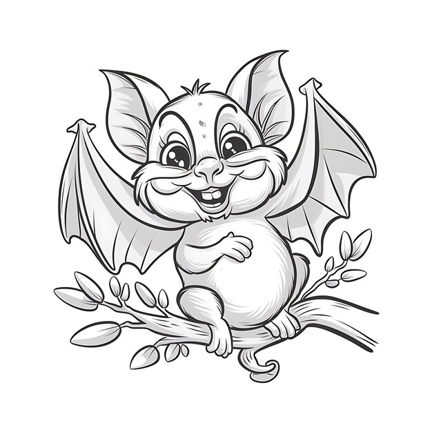 Photo line art of a charming and whimsical bat with a playful hilarious expression