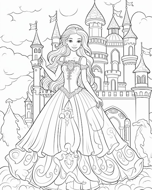 Photo line art drawing of beautiful princess