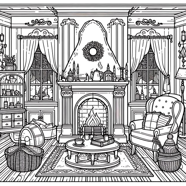 Photo line art drawing of a cozy room with a fireplace as a coloring page