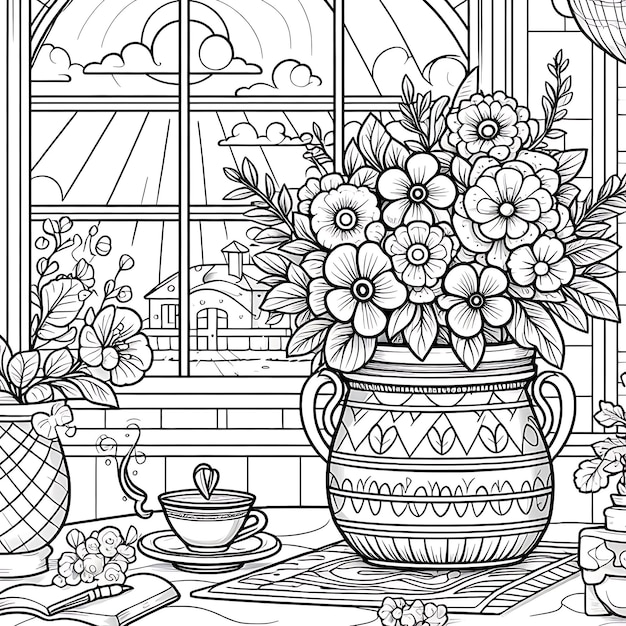 Photo line art drawing of a flower pot with a window with a view in the background