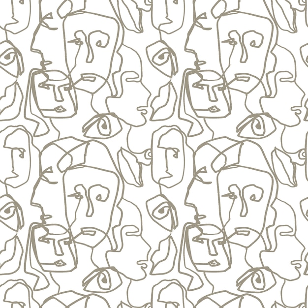 Line art faces on white seamless pattern Human portrait brown outline repeat print People head art