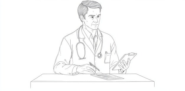 Photo line art illustration of a doctor with a stethoscope and a clipboard continuous single line drawing