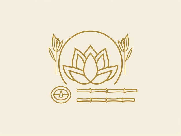 Line art illustration of a lotus flower bamboo stalks and a drop of water