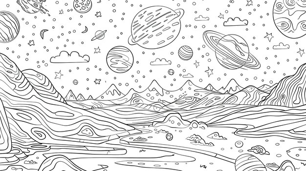 Photo line art illustration of a whimsical starry night sky above a mountainous landscape