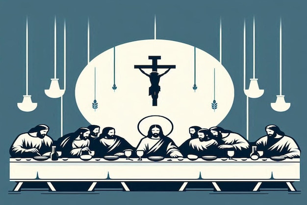 Line art illustrations of Jesus Christ with his disciples at the last supper