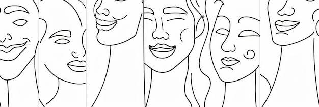 Line Art Portraits of Smiling Faces A minimalistic line art illustration featuring several portrai