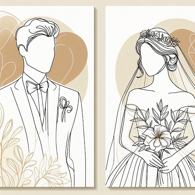 Line art sketch of a bride and groom with two organic shapes in the background cream and caramel co