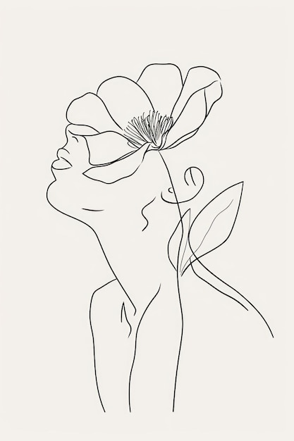 Photo line art woman with flower drawing sketch illustrated