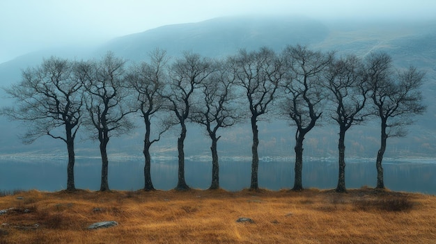 Photo a line of bare trees stand on a hill overlooking a misty lake