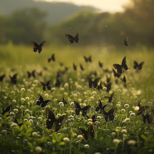 Photo a line of black swallowtail butterflies moves through a garden of white clover flowers