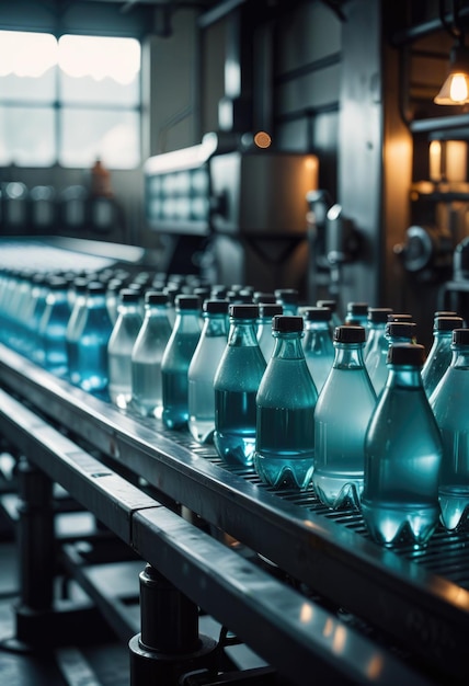 Photo a line of blue bottles with blue liquid in them