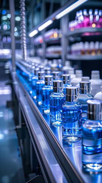 a line of bottles with blue liquid and one that says  blue